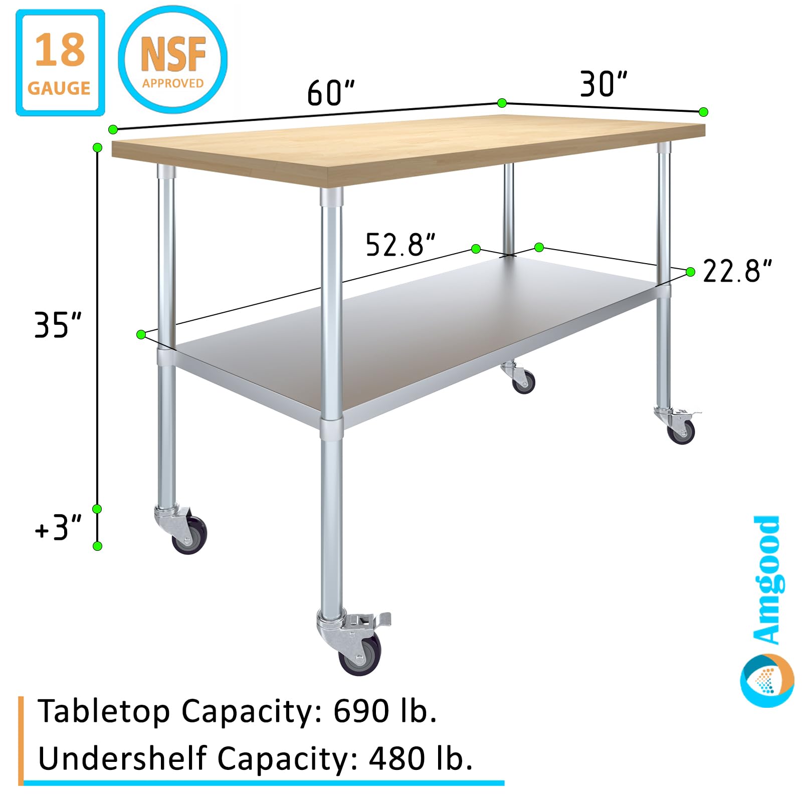 AmGood 30" x 60" Maple Wood Top Work Table with Adjustable Undershelf and Wheels - WoodArtSupply