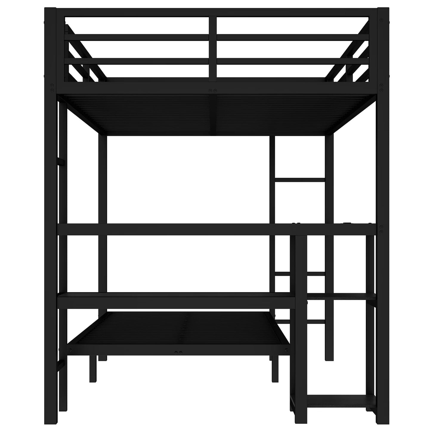 JIJIWANG Queen Over Twin XL Metal Bunk Bed/Loft Bed with Desk and Shelves, Multiple Uses Folds into Sofa with LED and USB, Safety Guard & Ladder, No Box Spring Needed, Black