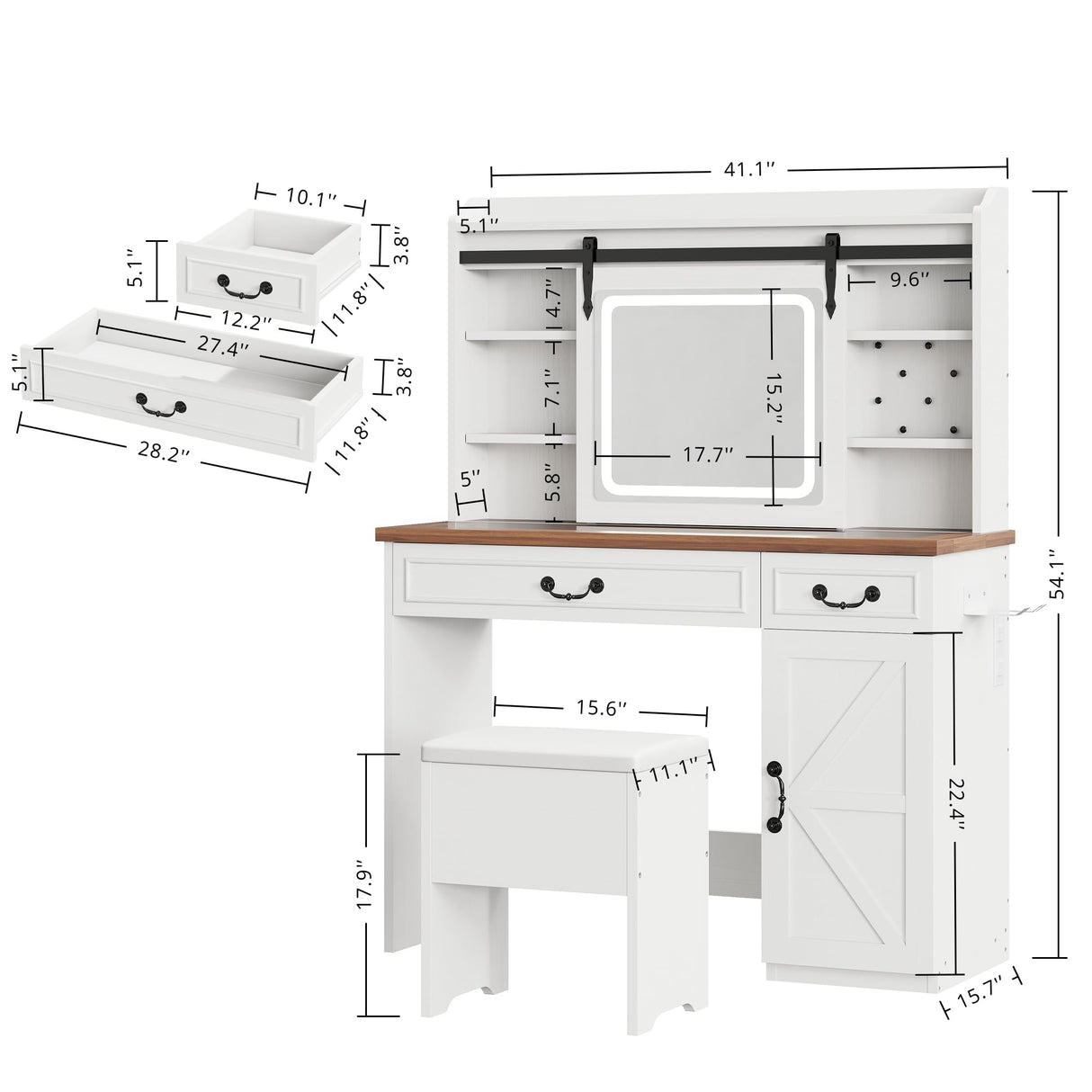 IRONCK Farmhouse Makeup Vanity Desk with Sliding Mirror and Lights,41" W Vanity Desk with Glass Tabletop&Charging Station &Drawers, Rustic Big Vanity Set for Bedroom, Stool Included, White/Walnut IRONCK