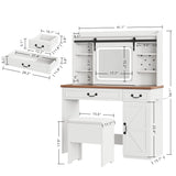 IRONCK Farmhouse Makeup Vanity Desk with Sliding Mirror and Lights,41" W Vanity Desk with Glass Tabletop&Charging Station &Drawers, Rustic Big Vanity Set for Bedroom, Stool Included, White/Walnut IRONCK