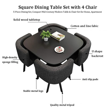 Topjia 5-Piece Modern Square Dining Table Set with 4 Chairs in Grey Topjia