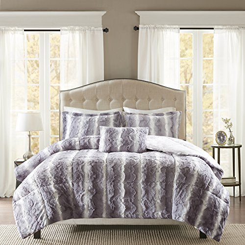 Madison Park Zuri Soft Plush Comforter Set, Faux Fur Animal Stripes Design, Faux Mink On The Reverse, Modern All Season Bedding Set with Matching Sham, King, Grey 4 Piece Madison Park