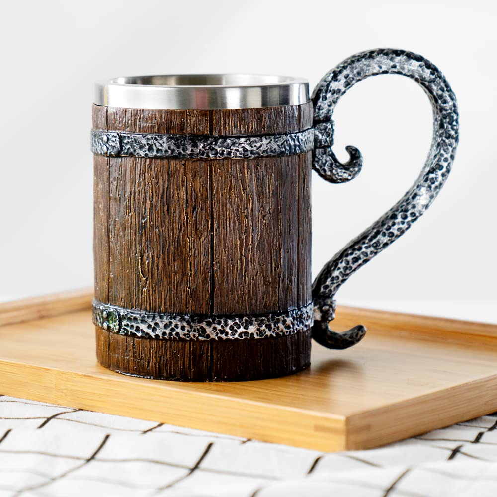 Arola Handmade Wooden Barrel Beer Mug, Stainless Steel Vintage Beer Cup, Medieval Drinkware Mug for Coffee/Beverage/Juice17oz Gift for Men. Arola