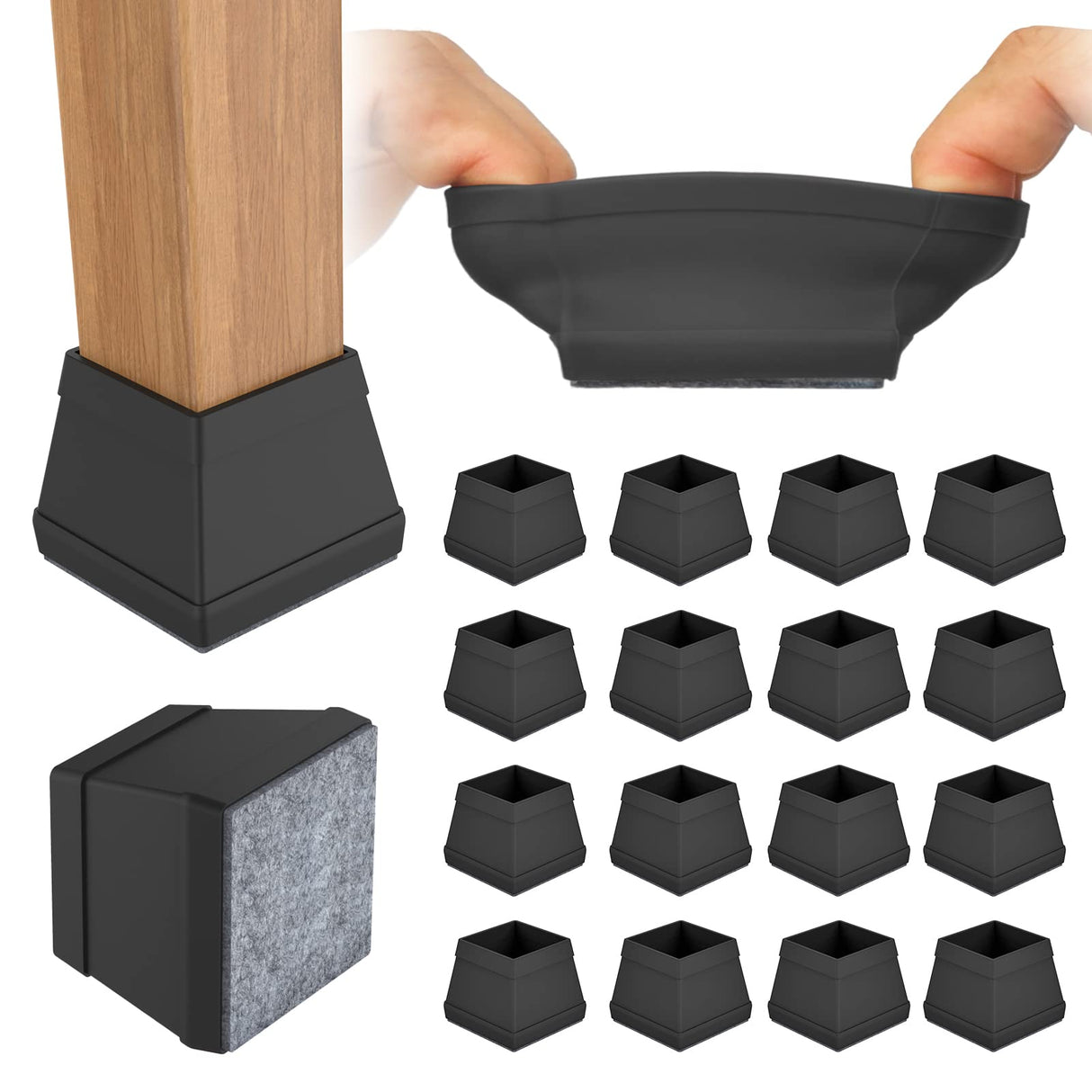 16 PCS Square Chair Leg Floor Protector, Silicone Chair Leg Cover, Furniture Leg Protectors with Felt, Mobile Table Leg pad, Protect The Floor from Scratches.1 1/2 in Black. CHWM