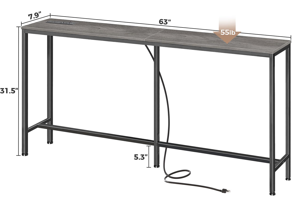 SUPERJARE Console Table with Outlet, 63 Inch Sofa Table with Charging Station, Narrow Entryway Table, Skinny Hallway Table, Behind Couch Table Skinny for Entryway, Living Room, Plants -Gray SUPERJARE