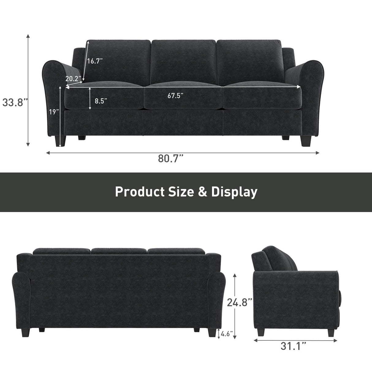 Bonzy Home 80.7" Black Couch, 3 Seater Sofa for Living Room, Modern Comfy Couches with Thick Cushion for Home Apartment Office Bonzy Home