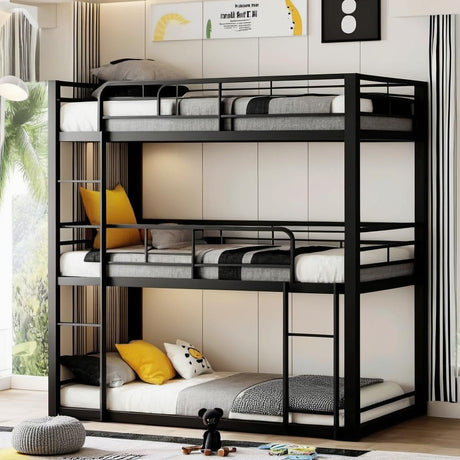 PVWIIK Heavy Duty Triple Twin Bunk Bed for 3 Kids,Twin Over Twin Over Twin Metal Bunkbeds with Ladder for Girls, Boys,No Box Spring Needed,Black PVWIIK