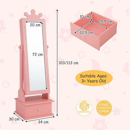 HONEY JOY Kids Jewelry Armoire Cabinet, 2-Angle Tilting Wooden Standing Jewelry Organizer with Full-length Mirror and Storage Drawers, Children Dress Up Jewelry Cabinet for Little Girls (Pink - WoodArtSupply