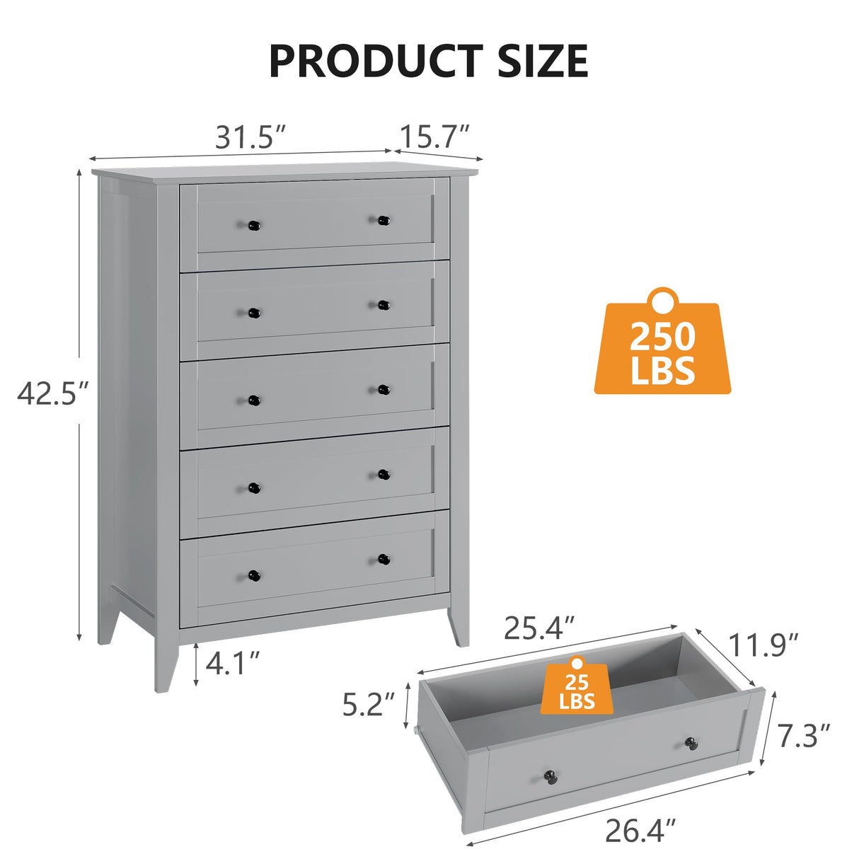 5 Drawers Dresser for Bedroom, Farmhouse Tall Wood Chest of Drawers for Clothes, Big Storage Dressers Organizer with Gold Handles & Deep Drawers for Bedroom, Living Room, Closet, Hallway, Grey GAOMON