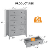 5 Drawers Dresser for Bedroom, Farmhouse Tall Wood Chest of Drawers for Clothes, Big Storage Dressers Organizer with Gold Handles & Deep Drawers for Bedroom, Living Room, Closet, Hallway, Grey GAOMON