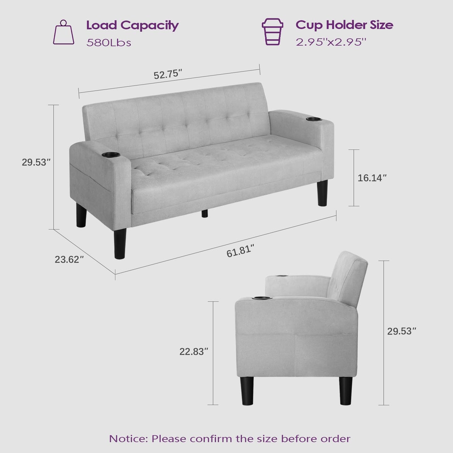 TYBOATLE Sofa Couch 62" W Loveseat w/ 2 USB Charger Ports & 2 Cupholders, Mid-Century Modern Tufted Small Love Seat Couches for Office,Compact Living Room,Bedroom,Apartment,Dorm(Light Grey)