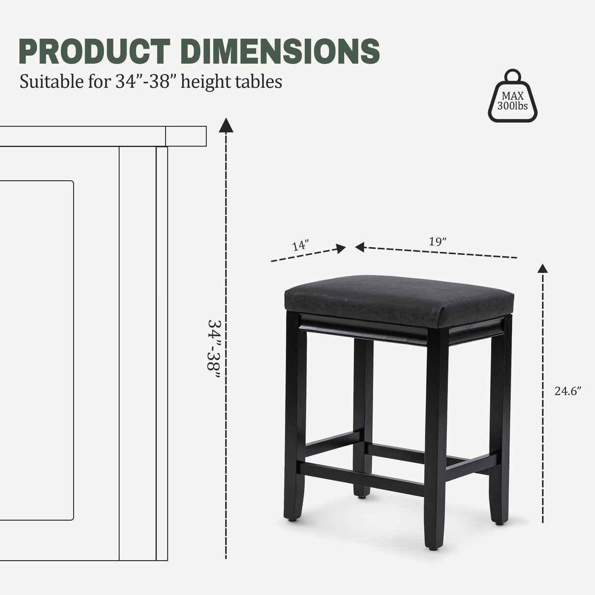 RNKSFX Counter Height Black Bar Stools Set of 3 for Kitchen Counter Farmhouse Modern Barstools with Faux Leather Upholstered Backless Seat and Solid Wood Legs 24 inch Bar Chairs RNKSFX