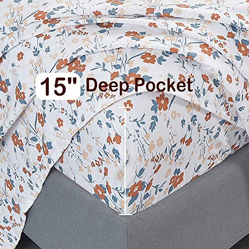 Softan Floral Twin Size Sheet Set, Orange Flower Printed Bed Sheets for Girls, 3-Piece Microfiber Single Fitted Sheet with 15" Deep Pocket & Non-Slip Straps, Patterned Bedding Sheets & Pillowcase Set Softan