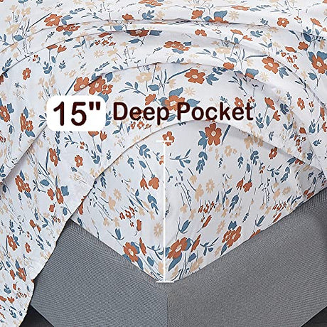 Softan Floral Twin Size Sheet Set, Orange Flower Printed Bed Sheets for Girls, 3-Piece Microfiber Single Fitted Sheet with 15" Deep Pocket & Non-Slip Straps, Patterned Bedding Sheets & Pillowcase Set Softan