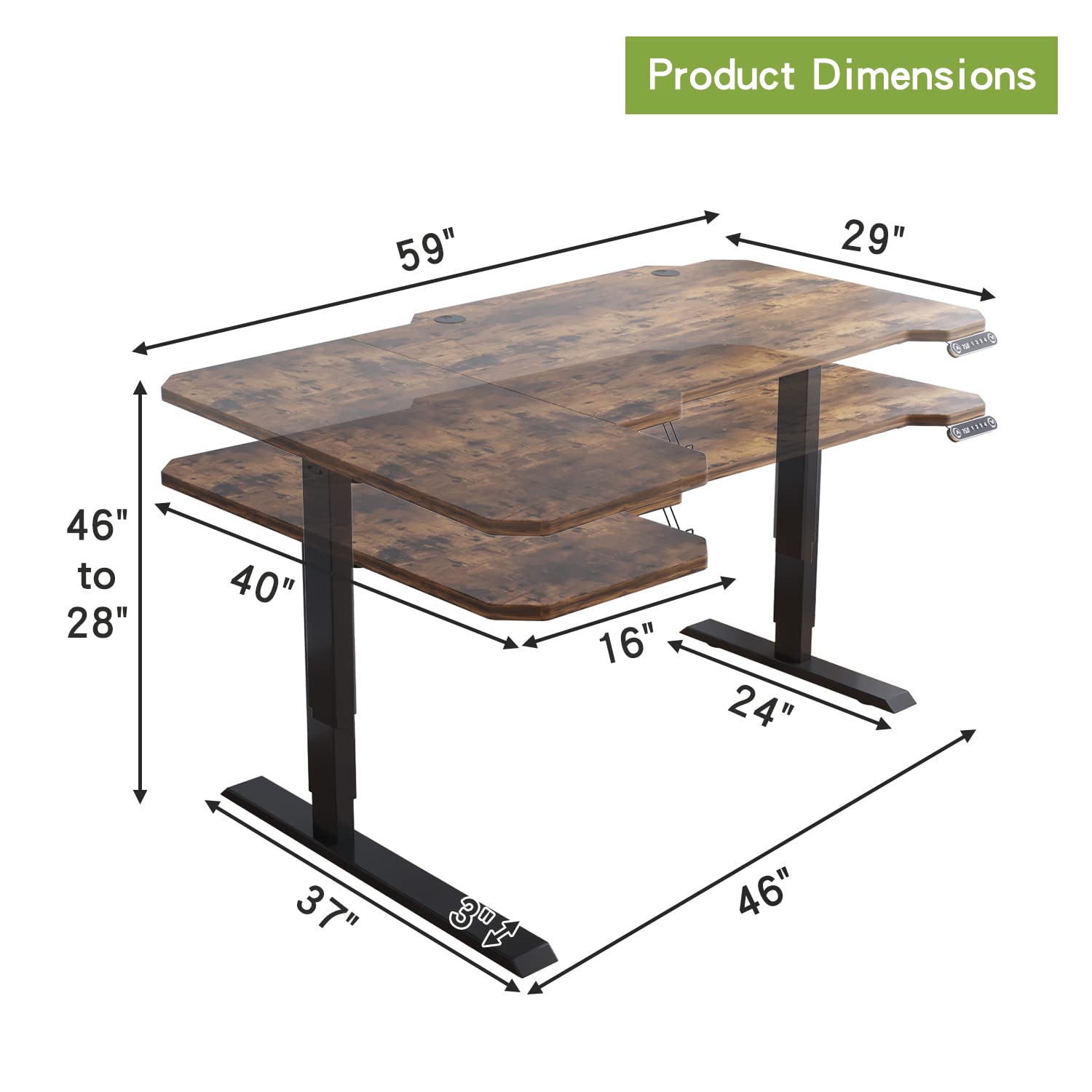 Radlove 59-Inch Large Electric Height Adjustable Computer L-Shaped Desk with Memory Controller Corner Standing Desk Modern Workstation with Splice Board Ergonomic Desk (Black Frame + Rustic B - WoodArtSupply