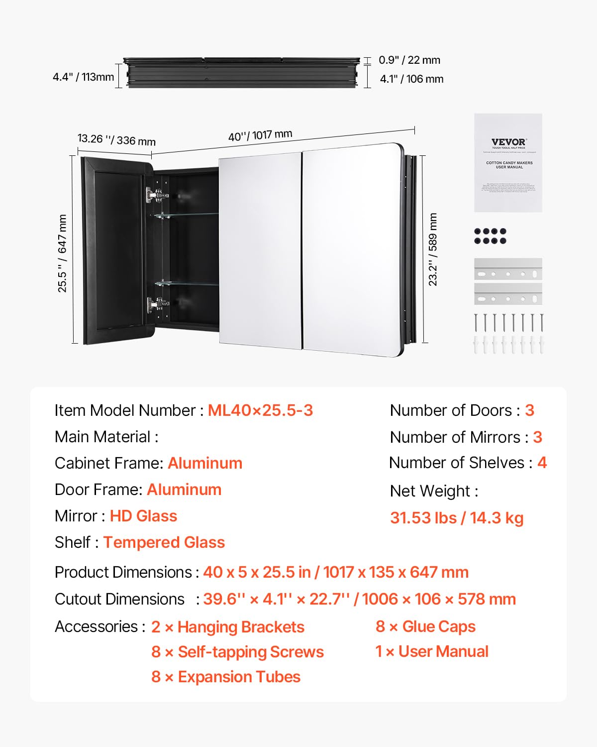 VEVOR Medicine Cabinet, 25.5 x 40 inch, Medicine Cabinet for Bathroom with Mirror, Aluminum Frame Bathroom Wall Cabinet, 4-Layer Adjustable Shelves, Recessed & Wall-Mounted Installation VEVOR