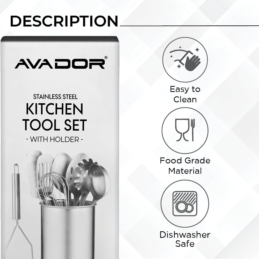 Avador® Premium Set of 10 Stainless Steel Kitchen Tool Set with Holder Easy To Clean, Space Saving, Great for Cooking, Baking, Prepping Avador