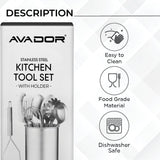 Avador® Premium Set of 10 Stainless Steel Kitchen Tool Set with Holder Easy To Clean, Space Saving, Great for Cooking, Baking, Prepping Avador