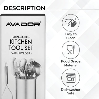 Avador® Premium Set of 10 Stainless Steel Kitchen Tool Set with Holder Easy To Clean, Space Saving, Great for Cooking, Baking, Prepping