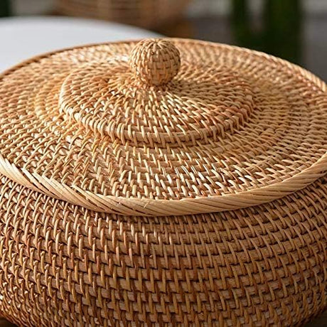 KODENG Round Rattan Boxes with Lid Hand-Woven Multi-Purpose Wicker Tray 8.6Inch Picnic Food Bread Table Storage Basket (22x13cm) KODENG