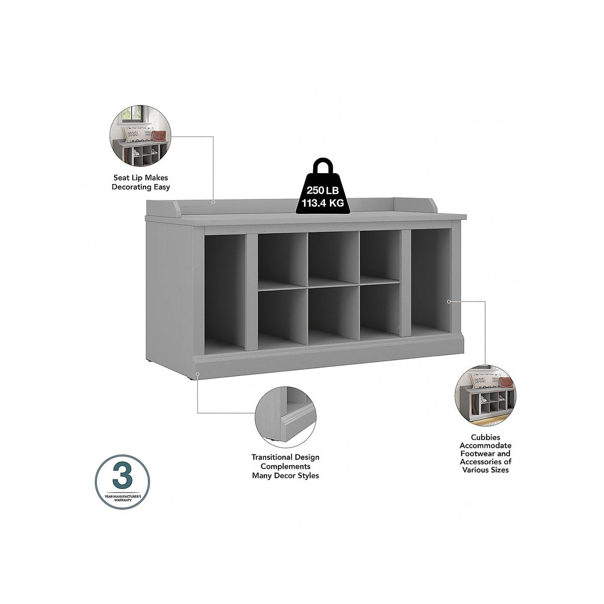 kathy ireland Home by Bush Furniture Woodland 21-Inch Shoe Storage Bench and Coat Rack, 12 Shelves, Cape Cod Gray (WDL004CG) Bush Business Furniture