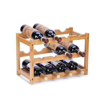 FOSTERSOURCE Wine Rack, Natural Bamboo Storage Rack Freestanding Countertop Stackable Display Shelf Wine Bottle Holder (3-Tiers 12-Bottles)