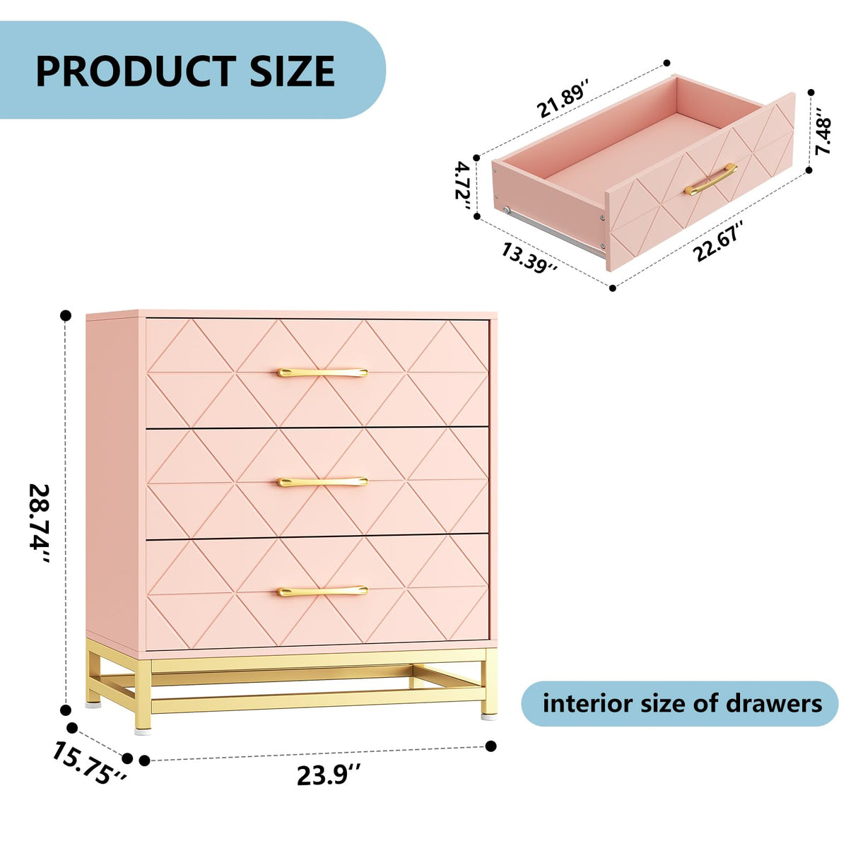 GAOMON Dresser for Bedroom with 3 Drawer, Modern Dressers Chest of Drawers, with Wide Drawers and Metal Handles, Wood Dressers, Pink GAOMON