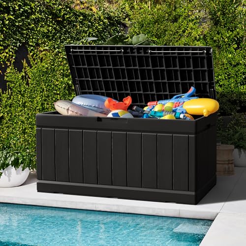 Greesum 82 Gallon Resin Deck Box Large Outdoor Storage for Patio Furniture, Garden Tools, Pool Supplies, Weatherproof and UV Resistant, Lockable, Black