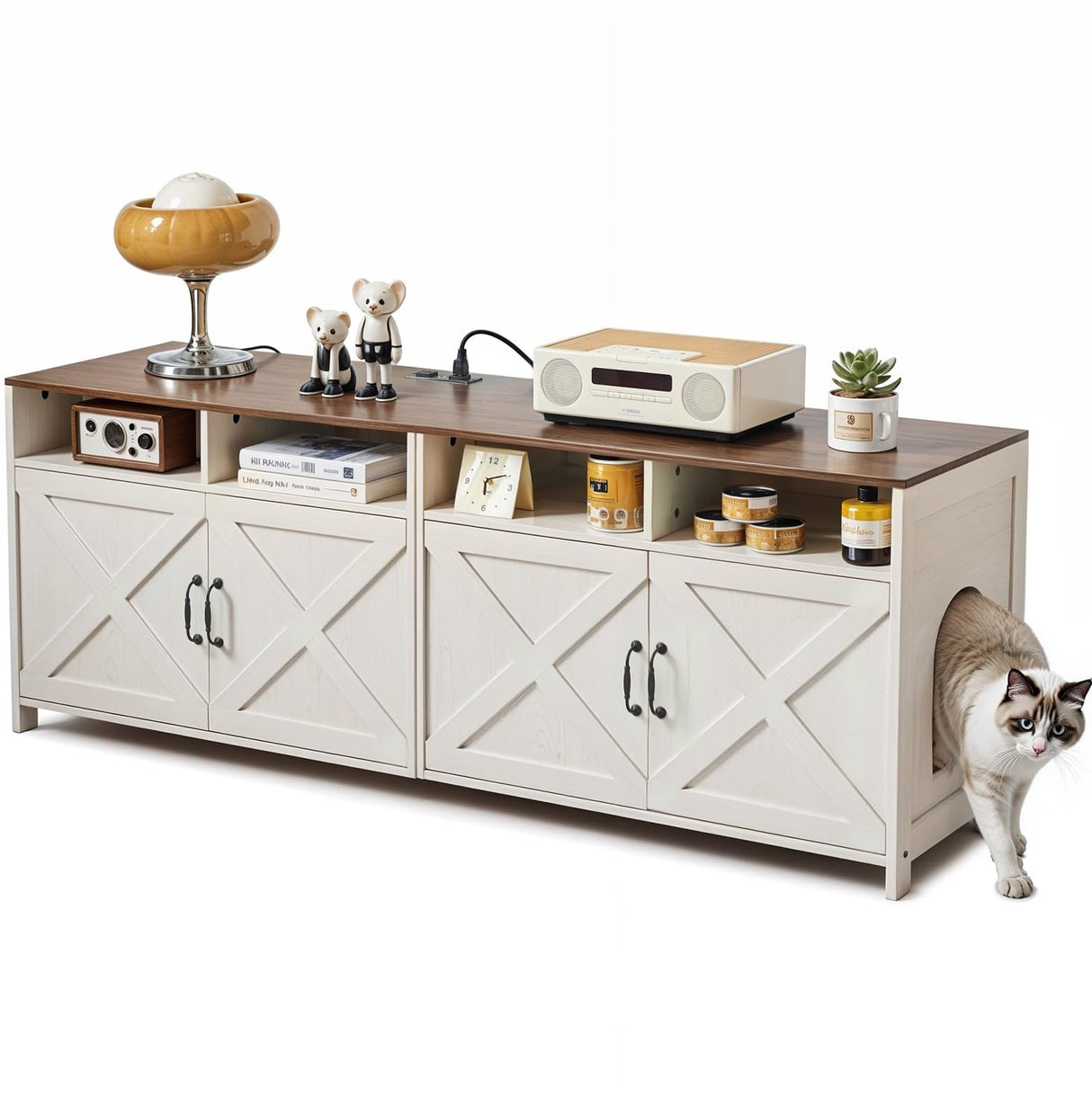 JanflyHome Double Cat Litter Box Enclosure for 2 Cats, 63" Hidden Litter Box Furniture with Outlet Power, Farmhouse Large Litter Box Cabinet TV Stand, 63 x 17.7 x 23.6 in, Antique White JanflyHome