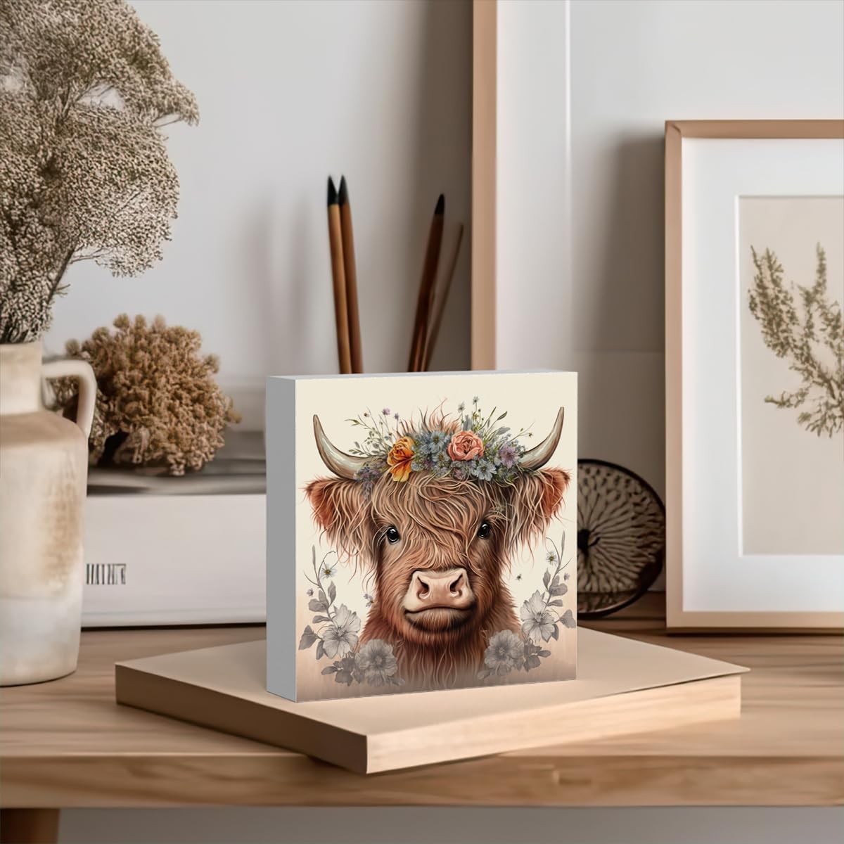 Highland Cow Wooden Box Sign Decor Desk Sign, Baby Highland Cow Nursery Decor, Western Decor, Highland Cow Gifts, Home Office Decor Rustic Farmhouse Square Desk Decor Sign for Shelf Krollma
