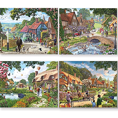 Bits and Pieces – 4-in-1 Multi-Pack 300 Piece Jigsaw Puzzles for Adults – Village Life by Artist Steve Crisp, Completed Puzzle Size: 16" x 20"