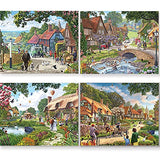 Bits and Pieces – 4-in-1 Multi-Pack 300 Piece Jigsaw Puzzles for Adults – Village Life by Artist Steve Crisp, Completed Puzzle Size: 16" x 20"