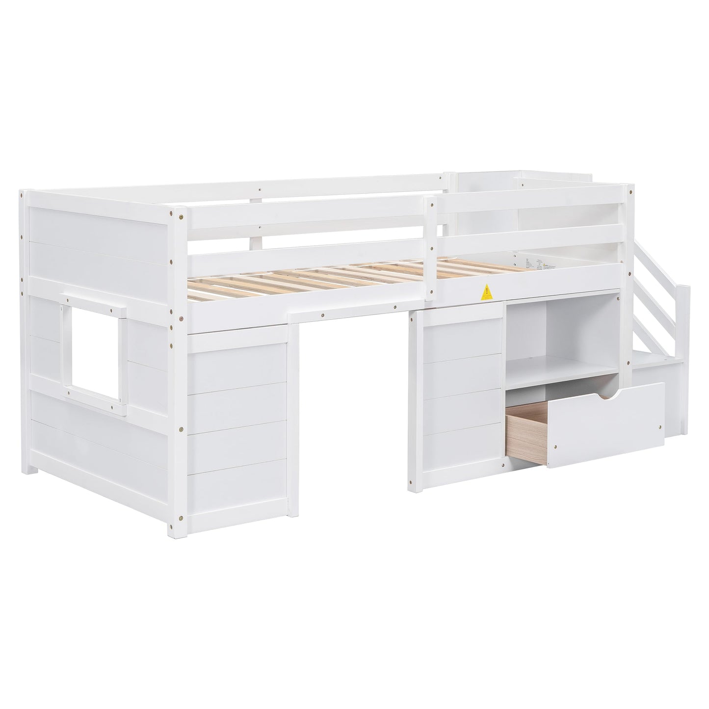 Low Loft Bed with Stairs and Storage, Twin Size Wooden Frame for Kids - White