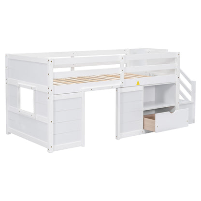 Low Loft Bed with Stairs and Storage, Twin Size Wooden Frame for Kids - White