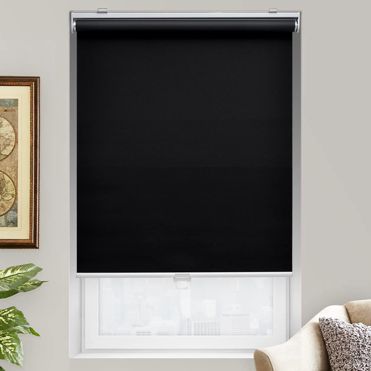 AOSKY Cordless Roller Shades Blackout Blinds for Windows Room Darkening Rolled Up Shades with Spring System, UV Protection Window Shades Door Blinds for Home and Office (23" W x 72" H, Black) AOSKY