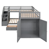 SOFTSEA Twin Over Twin Over Full Bunk Bed with Desk, 3 Storage Drawers and Wardrobe, L Shaped Triple Bunk Beds with Staircase, Wood Bunk Bed Frame with Guardrails and Ladder, 3 Beds in 1, Gray SOFTSEA