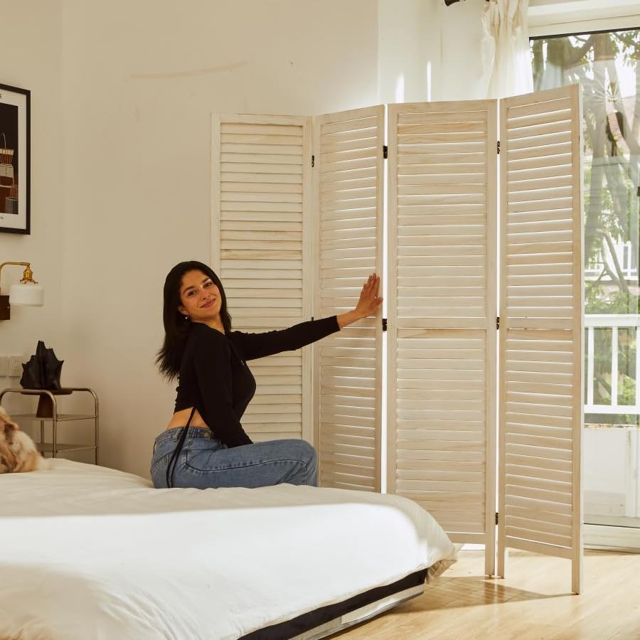 Room Dividers and Folding Privacy Screens, Wood Louvered Separators Divider Wall for Home Office Bedroom - 4 Panels, 67 * 60inch (White-Washed) Svimi