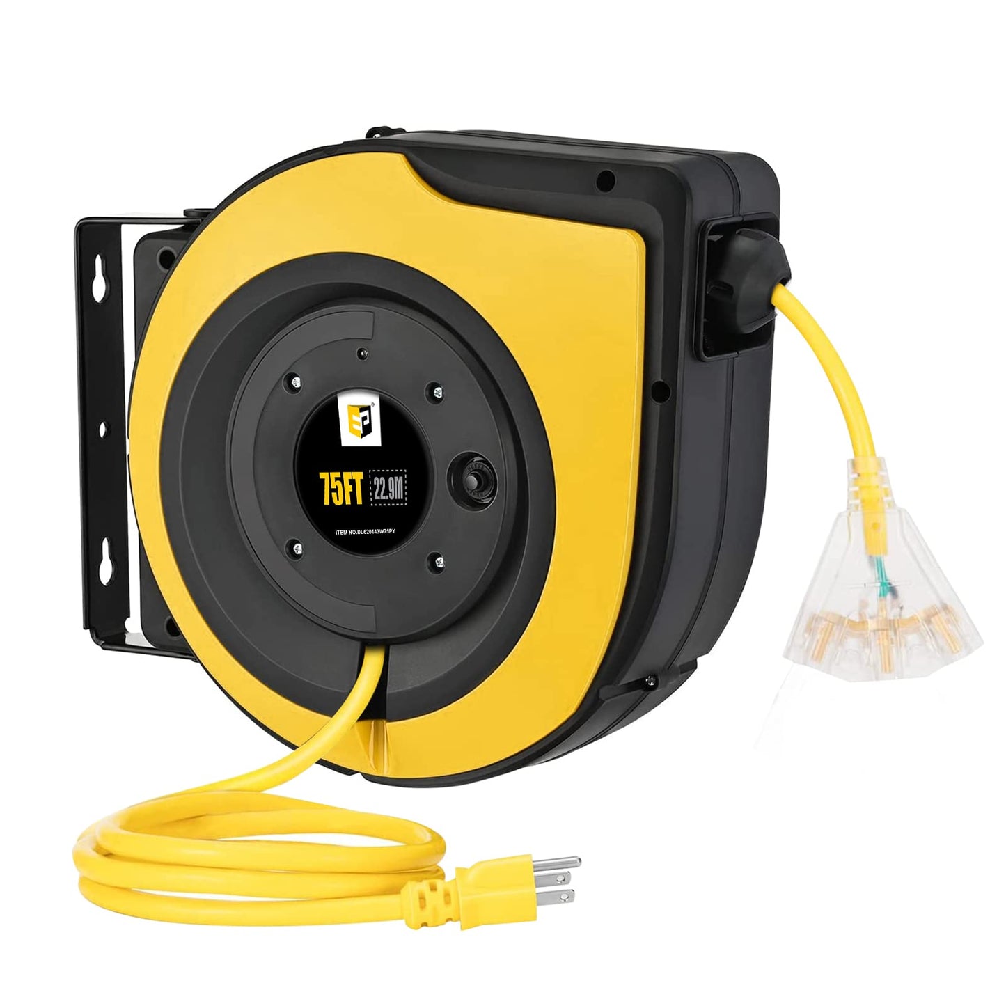 EP Retractable Extension Cord Reel,75 Feet 14 AWG/3C SJTOW Heavy Duty Power Cord,10 AMP Circuit Breaker, 3-Lighted Triple Outlets,Ceiling or Wall Mount Use Indoor/Outdoor, Yellow - WoodArtSupply