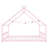 Karl home Twin Size Toddler Floor Bed, Metal Montessori Bed with Slats & Fence, Roof/House/Canopy Bed Frame for Girls, Boys, No Box Spring Needed, Pink Karl home