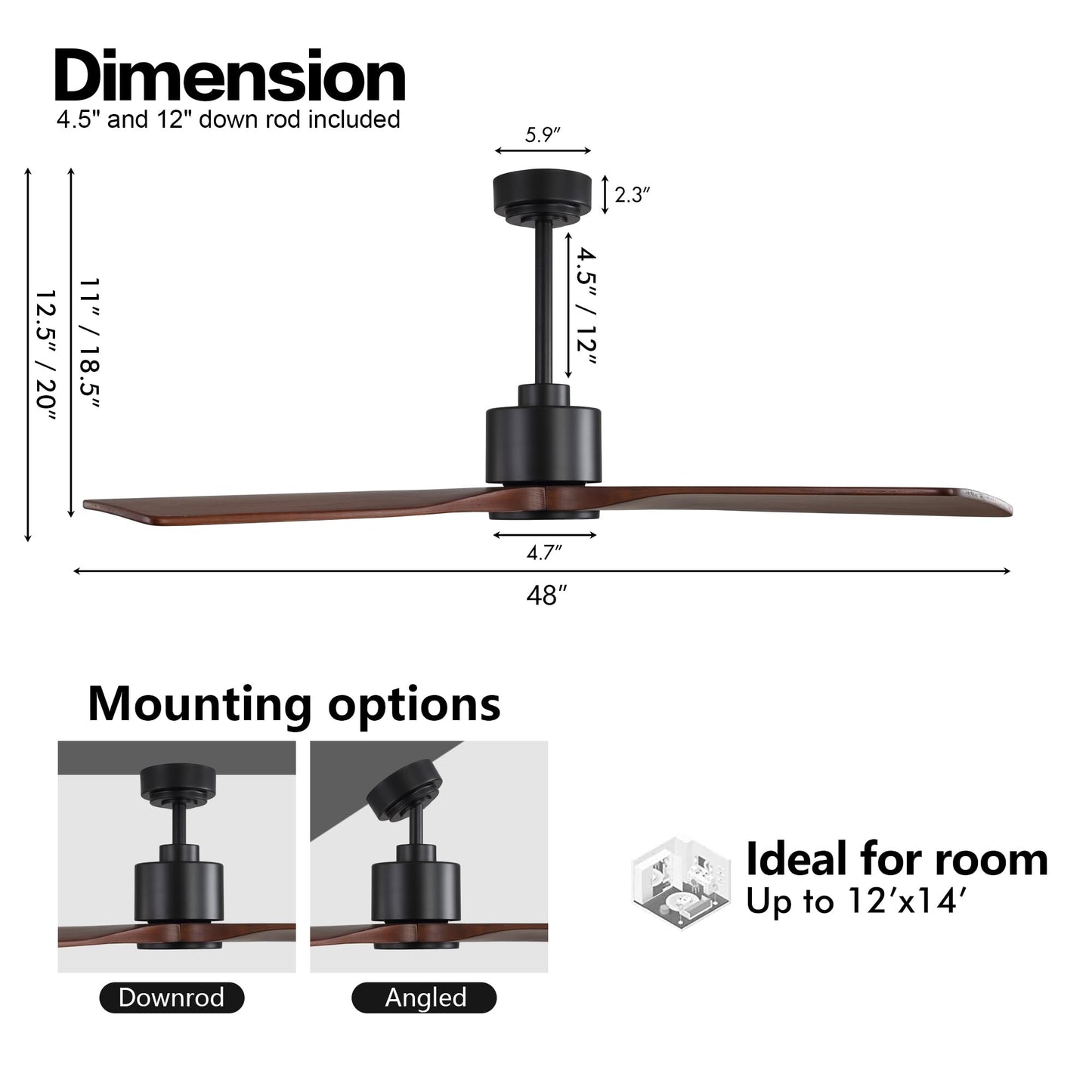 WINGBO 48 Inch DC Ceiling Fan Without Lights, 4 Carved Solid Wood Blades, 6-Speed Noiseless Reversible DC Motor, Modern Ceiling Fan No Light with Remote, Black Finish with Walnut Blades, ETL Listed