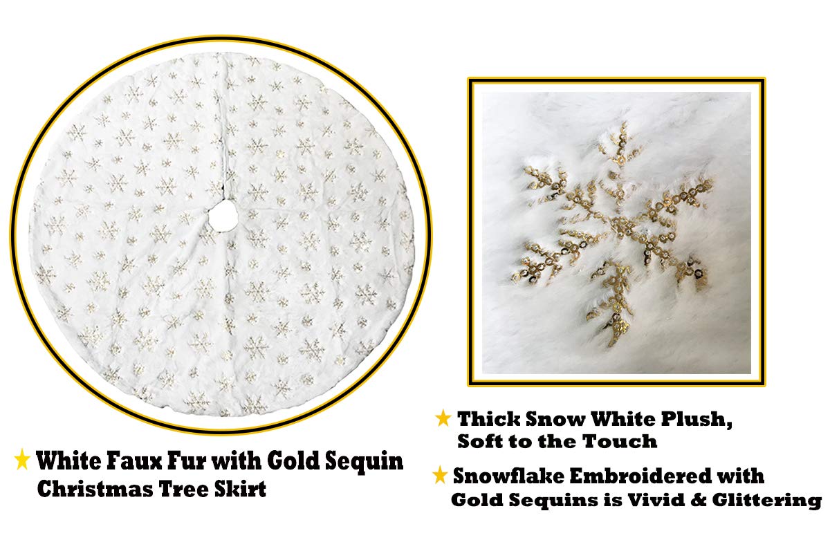 AOGU 60 Inch Sequin Faux Fur Christmas Tree Skirt Decoration for Merry Christmas Party White Plush Gold Sequin Snowflake Xmas Christmas Tree Skirt Decorations AOGU