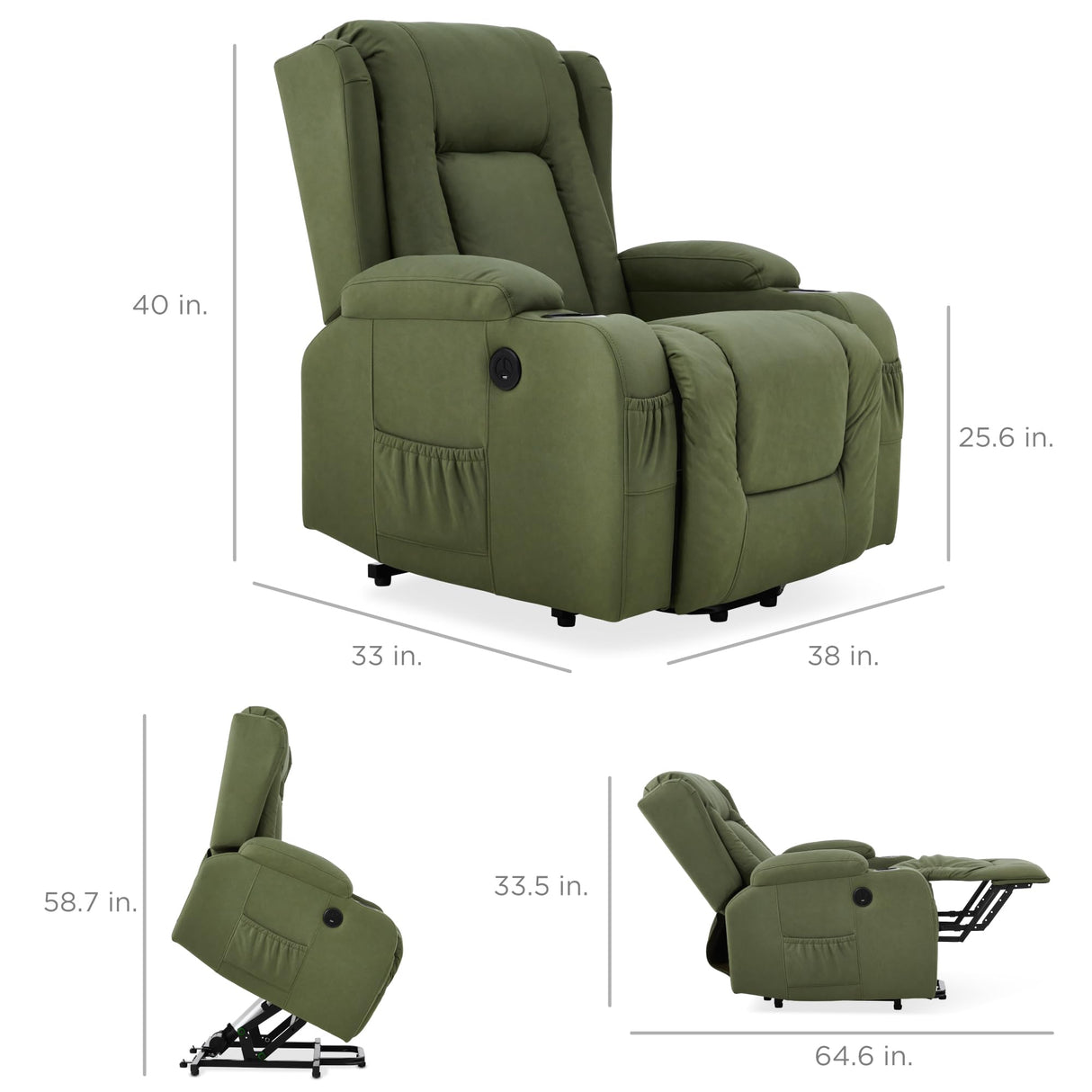 Best Choice Products PU Leather Electric Power Lift Chair, Recliner Massage Chair, Adjustable Furniture for Back, Legs w/ 3 Positions, USB Port, Heat, Cupholders, Easy-to-Reach Side Button - Olive Best Choice Products