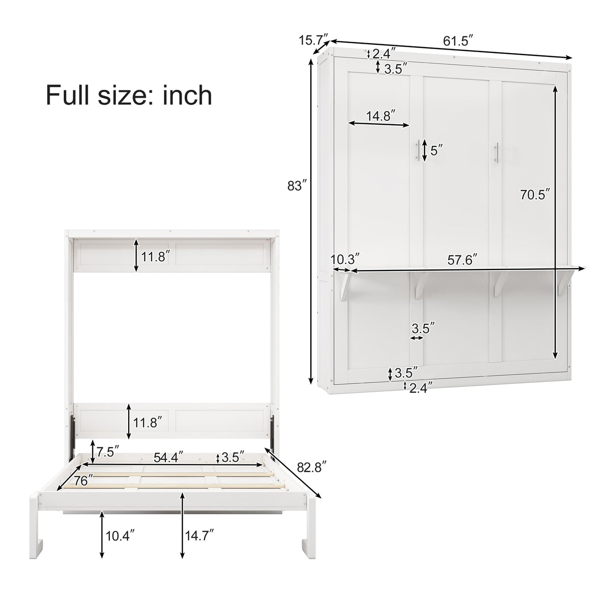 Full Murphy Bed Cabinet with Desk, Modern White Full Size Hidden Murphy Beds Wooden Cabinet Wall Bed for Teens Kids Guestroom, Studying Room, No Box Spring Needed, White Merax