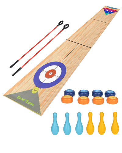 JstFrU Portable Indoor Shuffleboard Table Game, Curling Game and Bowling Game 3 in 1 Board Game Set,with 11.7 Foot Game Mat,2 Cues,8 Curling Rocks,6 Bowling Pins,Fun Family Game