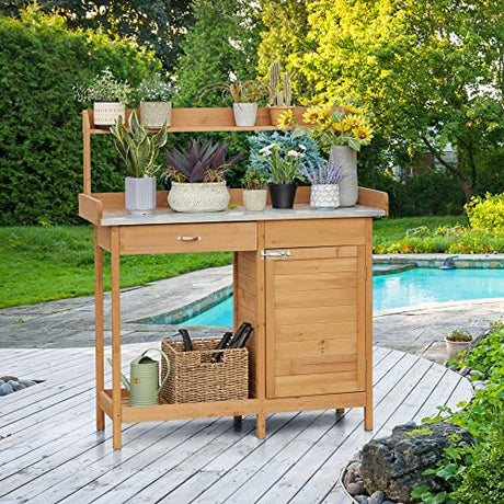 Yaheetech Outdoor Garden Potting Bench Table Work Bench Metal Tabletop W/Cabinet Drawer Open Shelf Natural Wood Yaheetech