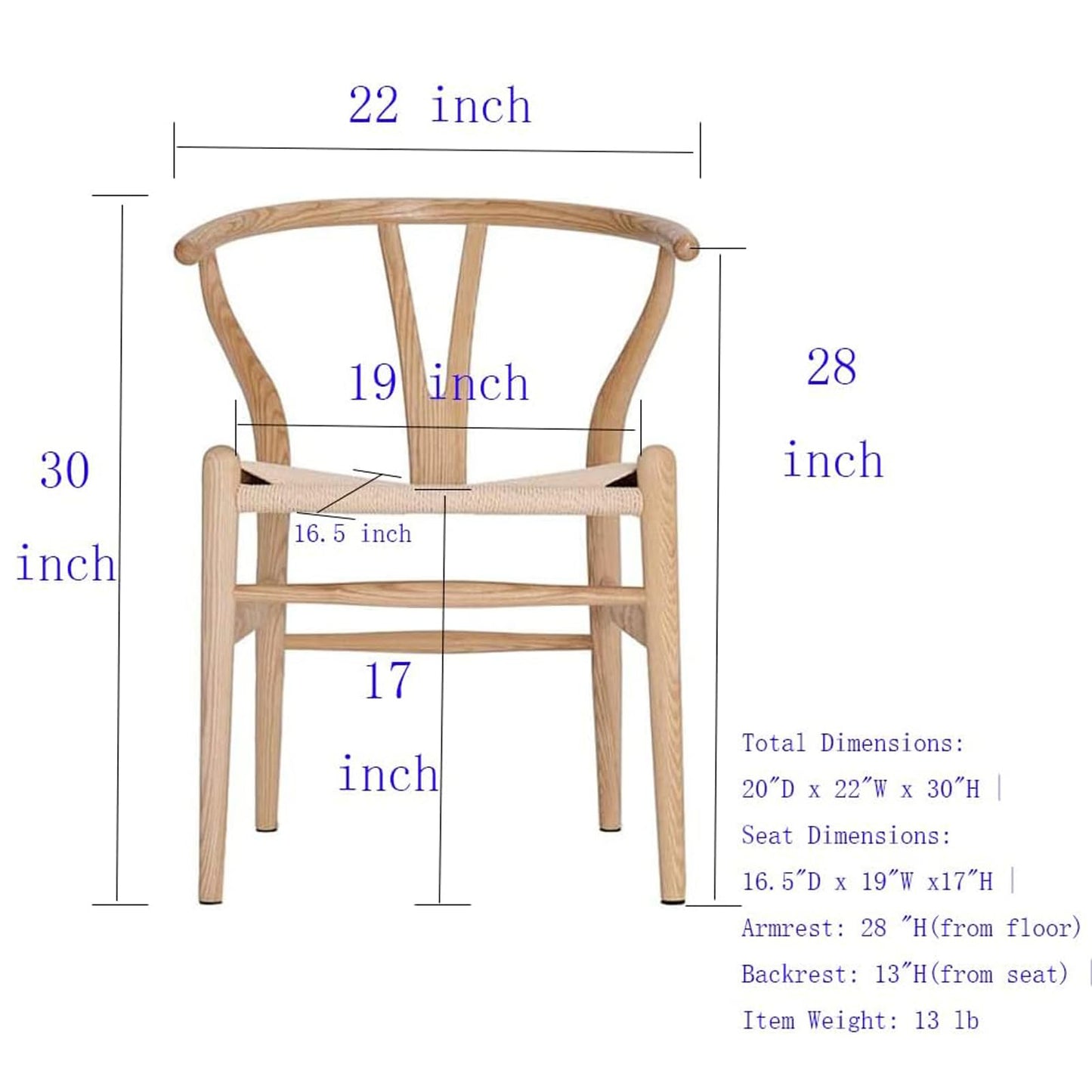 Tomile Set of 4 Wishbone Chair Solid Wood Y Chair Mid-Century Armrest Dining Chair, Hemp Seat (Ash Wood - Natural) - WoodArtSupply