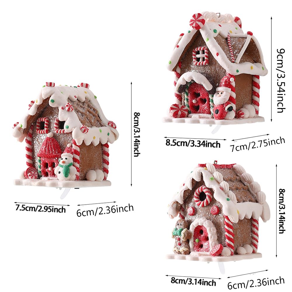 UAEYW 3Pcs Gingerbread House Ornaments for Christmas Tree Decorations Battery Operated Lighted LED Clay Hanging Candy House Ornament with Rope for Xmas Holiday Party New Year Home Decor