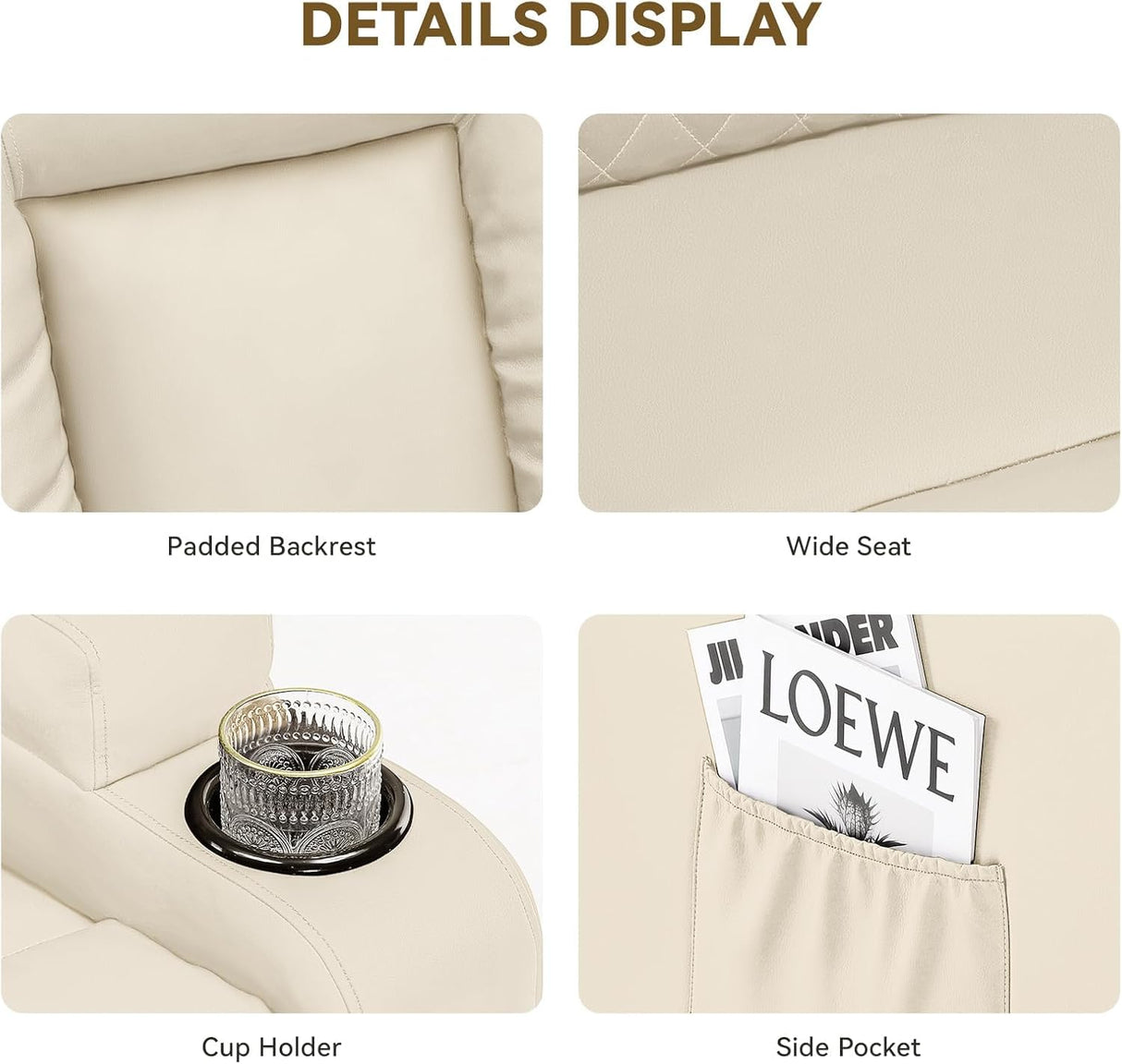 COMHOMA OMHOMA Recliner Chair, Swivel Rocker Recliners, Massage and Heat Reclining Chair, Reclining Sofa with Side Pockets, Cup Holders for Living Room, Bedroom (White) COMHOMA