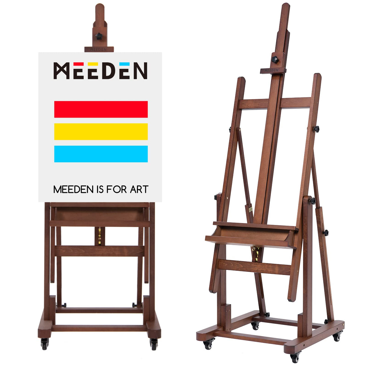 MEEDEN Extra Large H-Frame Studio Easel - Solid Beech Wooden Artist Professional Heavy-Duty Easel, Painting Art Easel Stand with 4 Premium Locking Silent Caster Wheels, Hold Max 82", Walnut MEEDEN