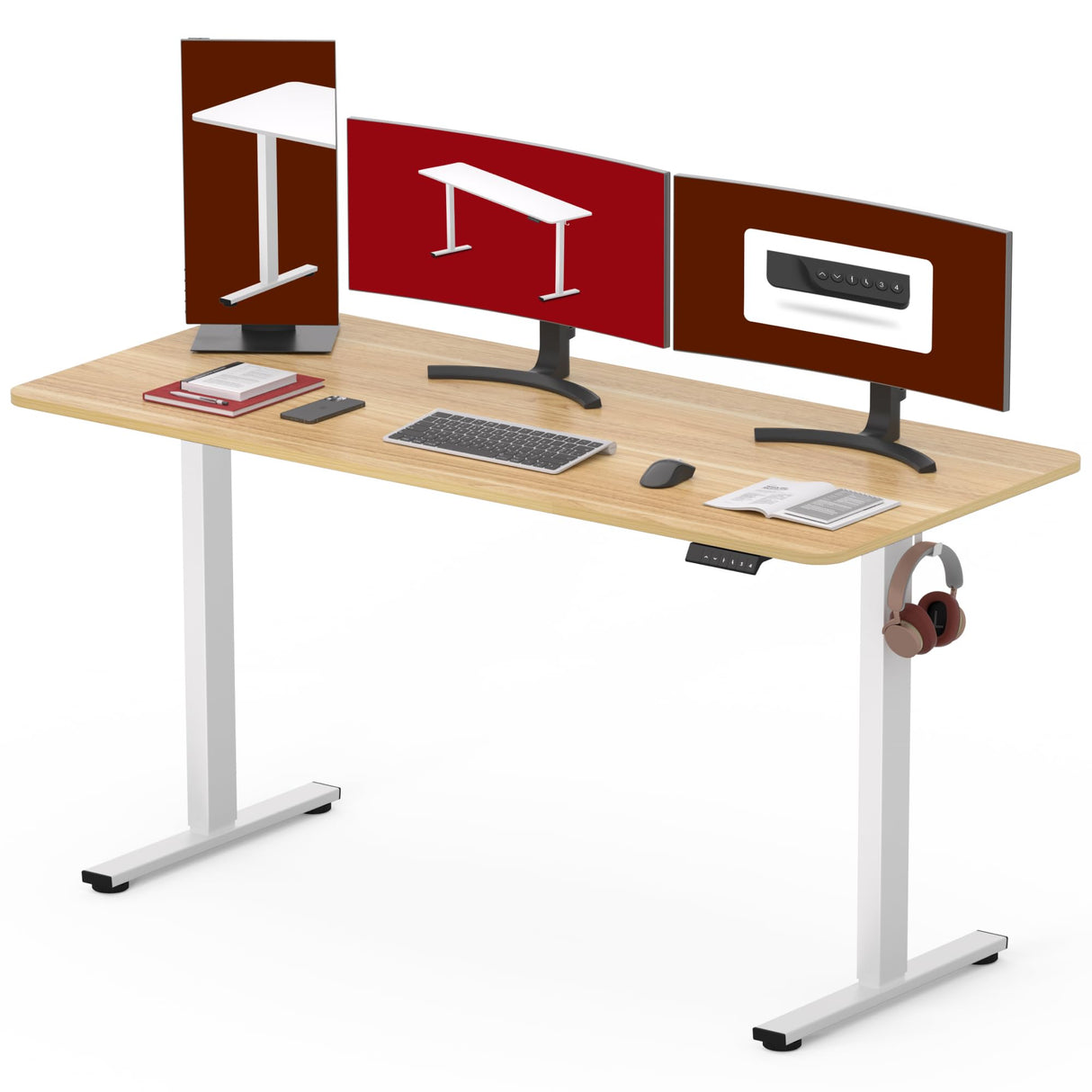 SANODESK Electric Standing Desk 55 x 28 Inches Whole-Piece Desktop Height Adjustable Stand Up Desk w/6-Button Controller Ergonomic Computer Desk for Home Office, White Frame + Natural Tabletop SANODESK